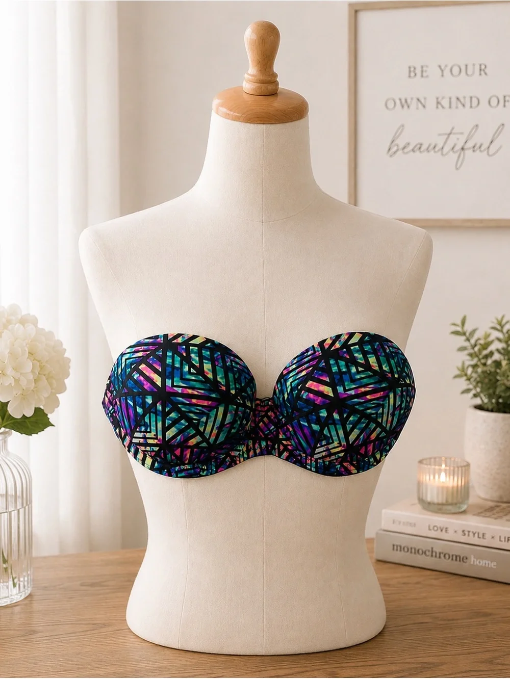 Pink Victoria's Secret Where Everywhere Multicolored Strapless Push-Up Bra 32D